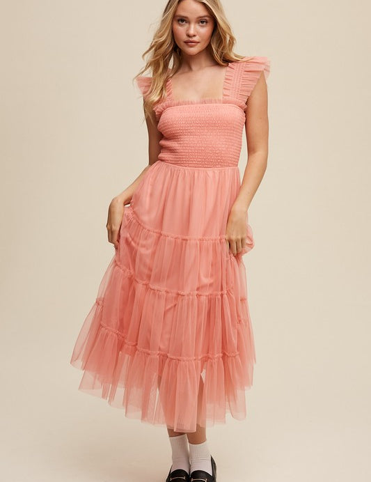 Smocked Ruffle Tiered Mesh Midi Maxi Dress