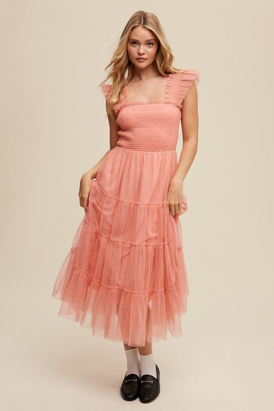 Women's Ruffle Tiered Mesh Midi Maxi Dress