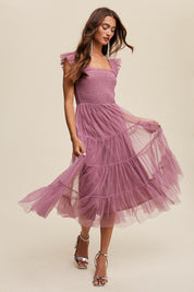 Women's Ruffle Tiered Mesh Midi Maxi Dress