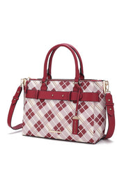 Women's Vegan Leather Plaid Satchel Bag with Adjustable Strap