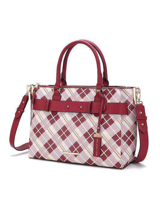 Women's Vegan Leather Plaid Satchel Bag with Adjustable Strap