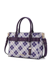 Women's Vegan Leather Plaid Satchel Bag with Adjustable Strap