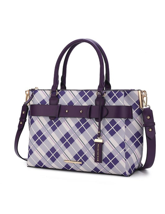 Women's Vegan Leather Plaid Satchel Bag with Adjustable Strap