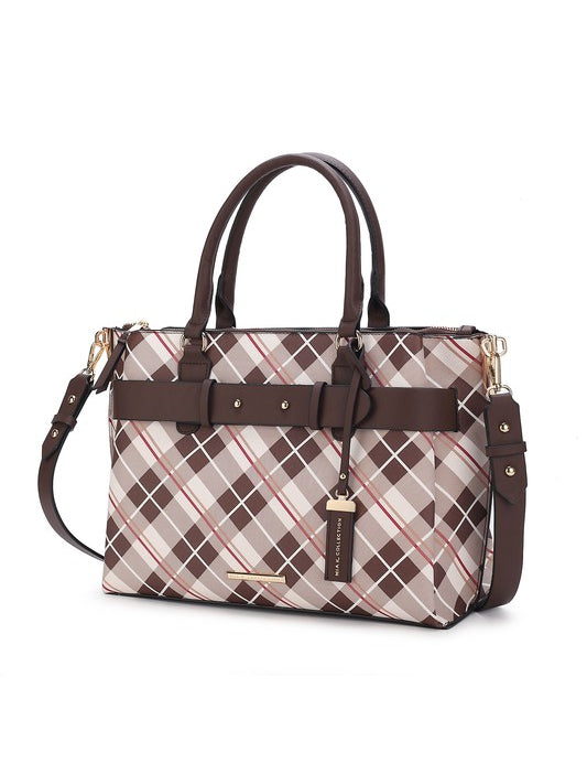 Women's Vegan Leather Plaid Satchel Bag with Adjustable Strap