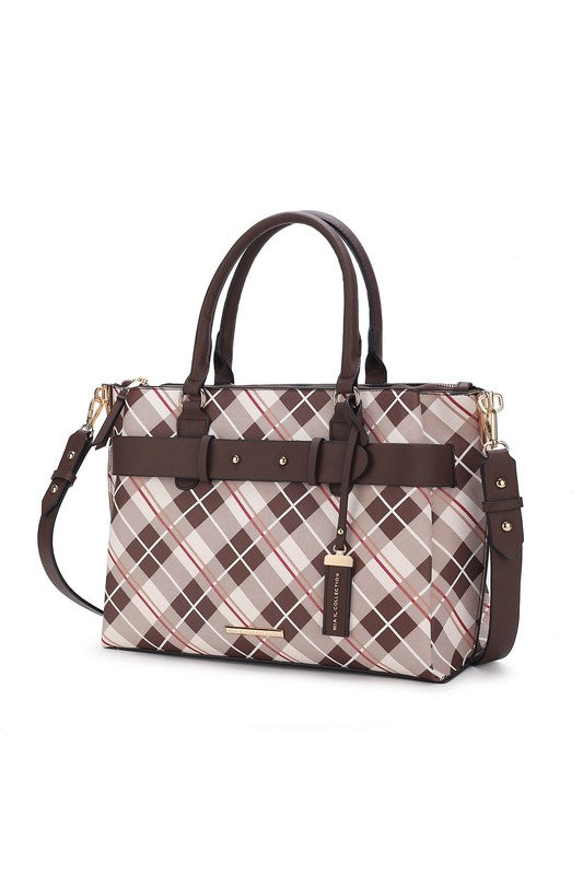 Women's Vegan Leather Plaid Satchel Bag with Adjustable Strap