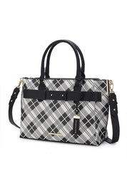 Women's Vegan Leather Plaid Satchel Bag with Adjustable Strap