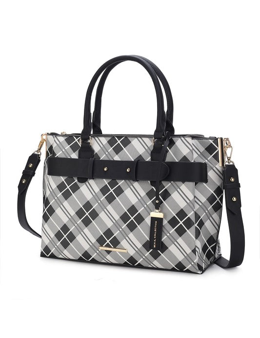 Women's Vegan Leather Plaid Satchel Bag with Adjustable Strap