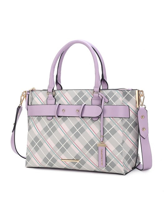 Women's Vegan Leather Plaid Satchel Bag with Adjustable Strap