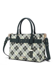 Women's Vegan Leather Plaid Satchel Bag with Adjustable Strap