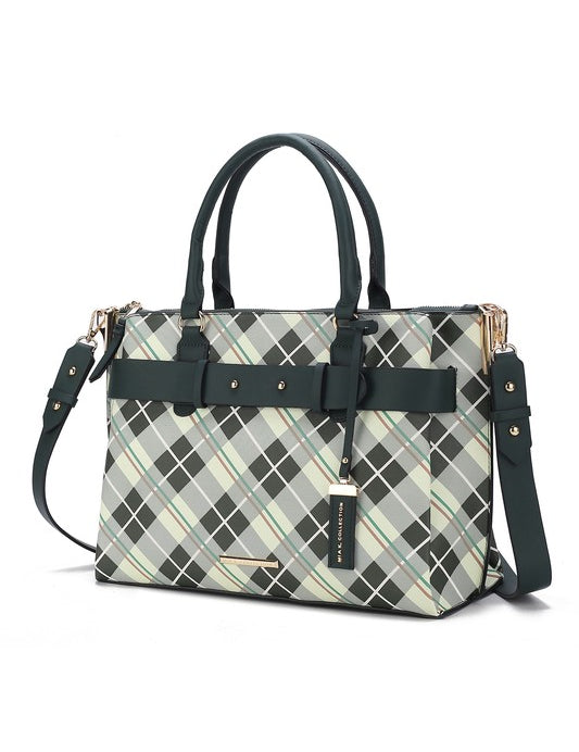 Women's Vegan Leather Plaid Satchel Bag with Adjustable Strap