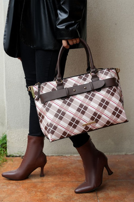 Women's Vegan Leather Plaid Satchel Bag with Adjustable Strap