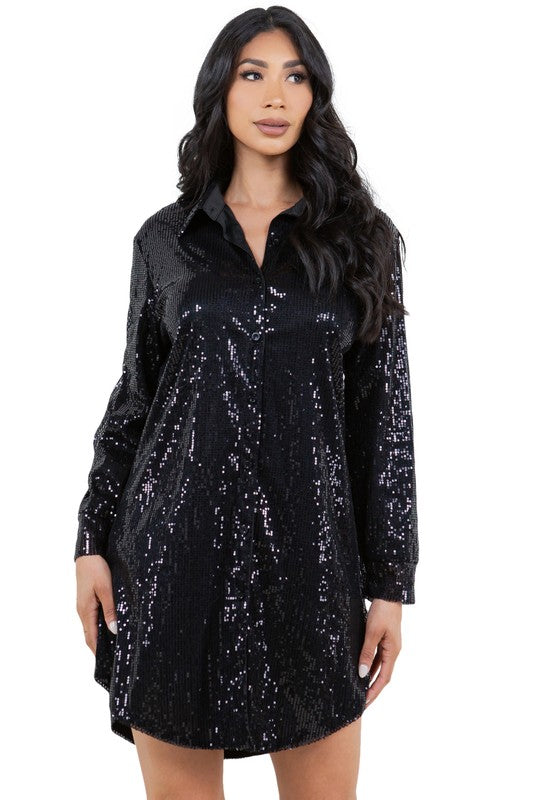 Women's Long Sleeve Sequin Shirt Dress with Denim Vest