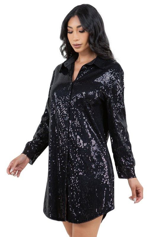 Women's Long Sleeve Sequin Shirt Dress with Denim Vest