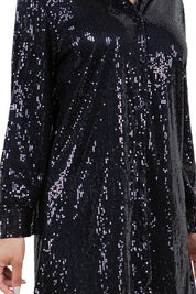 Women's Long Sleeve Sequin Shirt Dress with Denim Vest