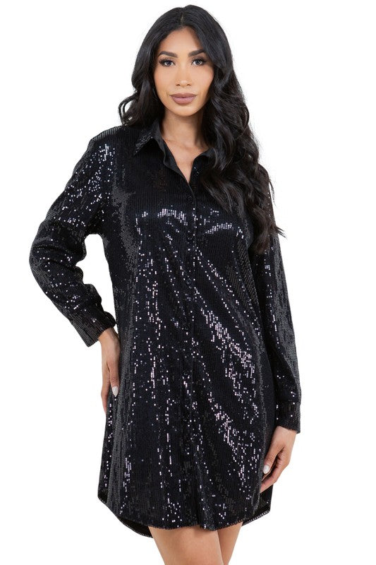 Women's Long Sleeve Sequin Shirt Dress with Denim Vest