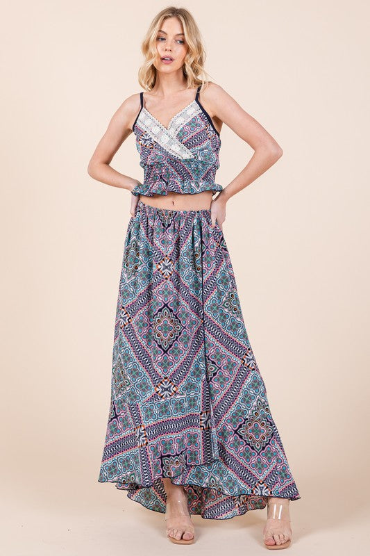 Women's Casual Tribal Print Skirt Set with Ruffle Detail