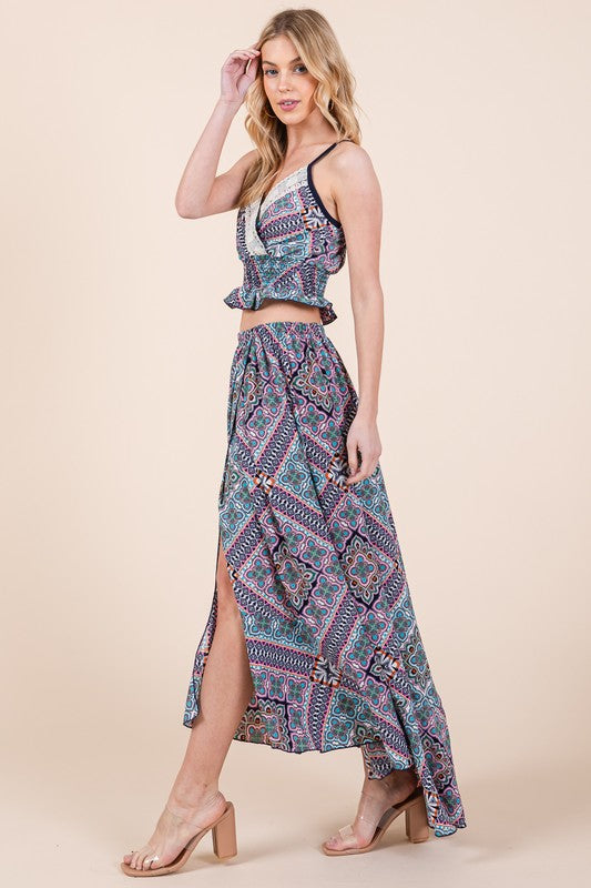 Women's Casual Tribal Print Skirt Set with Ruffle Detail