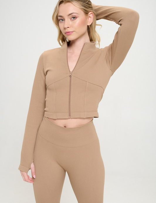 Seamless Ribbed Tracksuit Zip-up Two-Piece Set