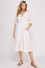 Women's Textured V-Neck Button Down Midi Dress with Puff Sleeves