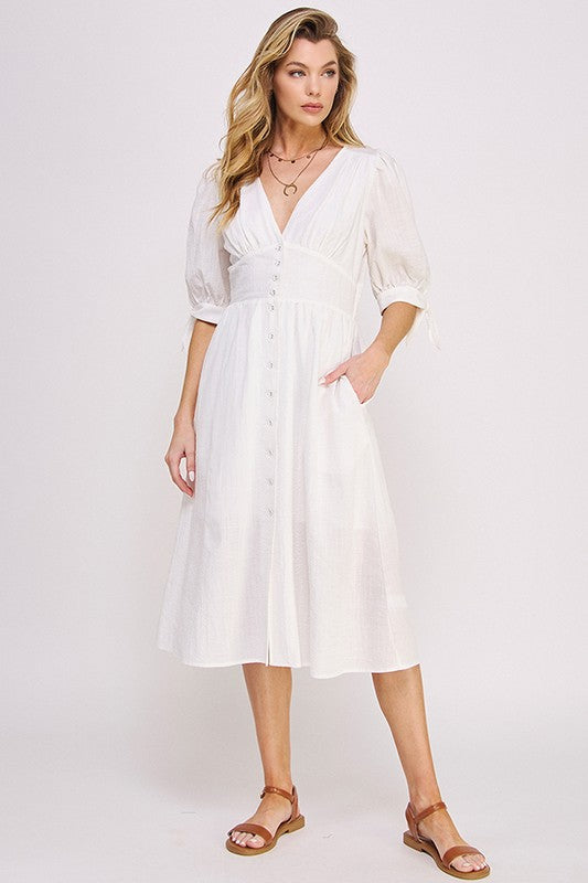 Women's Textured V-Neck Button Down Midi Dress with Puff Sleeves