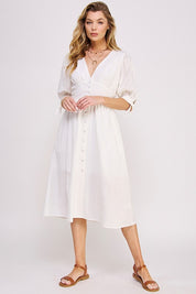 Women's Textured V-Neck Button Down Midi Dress with Puff Sleeves