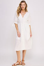 Women's Textured V-Neck Button Down Midi Dress with Puff Sleeves