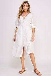 Women's Textured V-Neck Button Down Midi Dress with Puff Sleeves