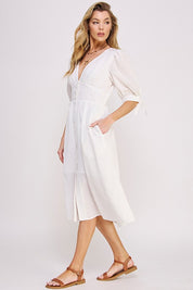 Women's Textured V-Neck Button Down Midi Dress with Puff Sleeves