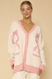 Women's V-Neck Bow Intarsia Knit Cardigan