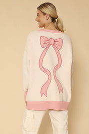 Women's V-Neck Bow Intarsia Knit Cardigan