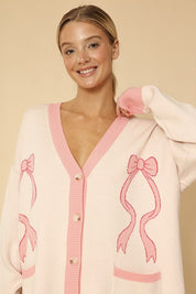 Women's V-Neck Bow Intarsia Knit Cardigan