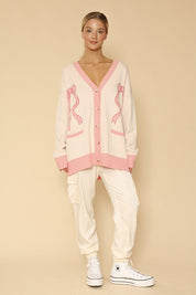 Women's V-Neck Bow Intarsia Knit Cardigan