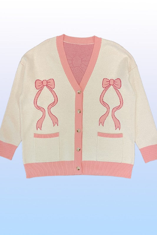 Women's V-Neck Bow Intarsia Knit Cardigan