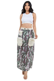 Women's Cargo Style Long Maxi Skirt with Elasticized Waist