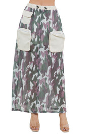Women's Cargo Style Long Maxi Skirt with Elasticized Waist