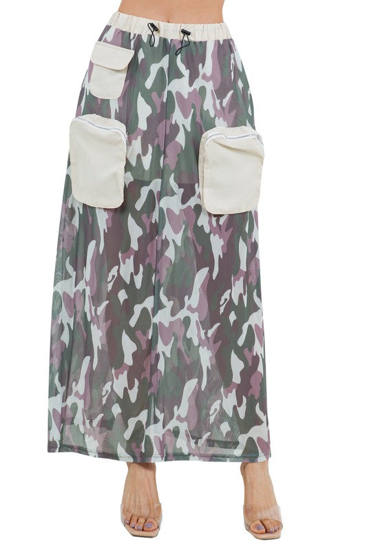 Women's Cargo Style Long Maxi Skirt with Elasticized Waist