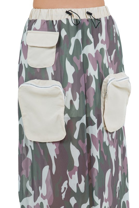 Women's Cargo Style Long Maxi Skirt with Elasticized Waist