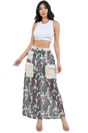 Women's Cargo Style Long Maxi Skirt with Elasticized Waist