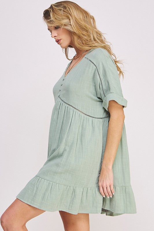 Women's Textured Short Sleeve V-Neck A-Line Dress