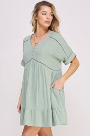 Women's Textured Short Sleeve V-Neck A-Line Dress