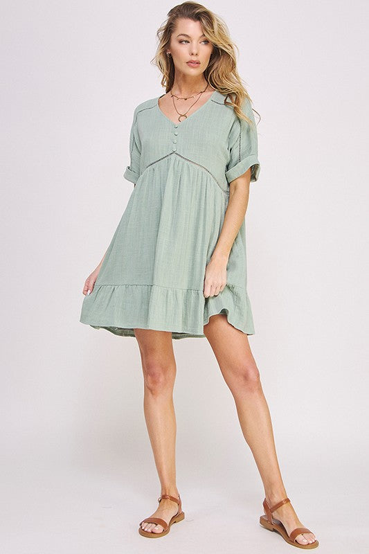 Women's Textured Short Sleeve V-Neck A-Line Dress