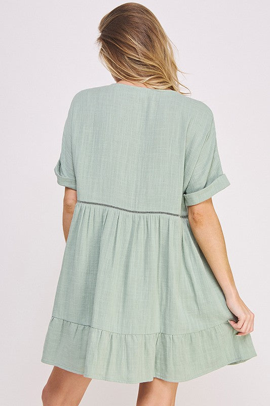 Women's Textured Short Sleeve V-Neck A-Line Dress