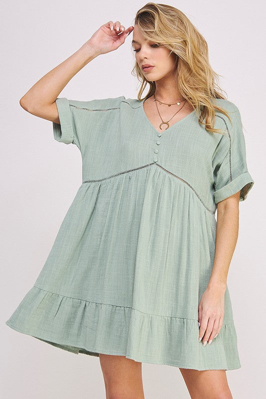 Women's Textured Short Sleeve V-Neck A-Line Dress