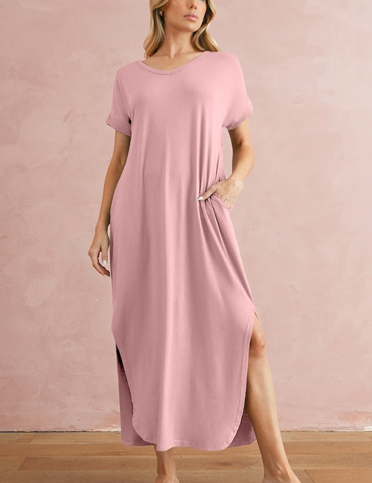 Women's V Neck Pocket Maxi T-Shirt Dress