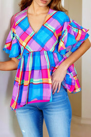 Women's Colorful Plaid V Neck Ruffled Sleeve Babydoll Top