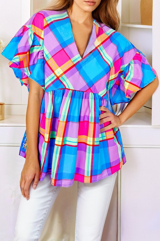 Women's Colorful Plaid V Neck Ruffled Sleeve Babydoll Top