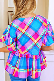 Women's Colorful Plaid V Neck Ruffled Sleeve Babydoll Top