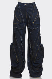 Men's Distressed Indigo Cargo Jeans with Zippers