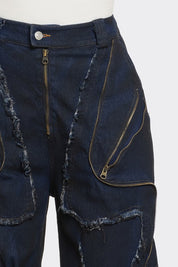 Men's Distressed Indigo Cargo Jeans with Zippers