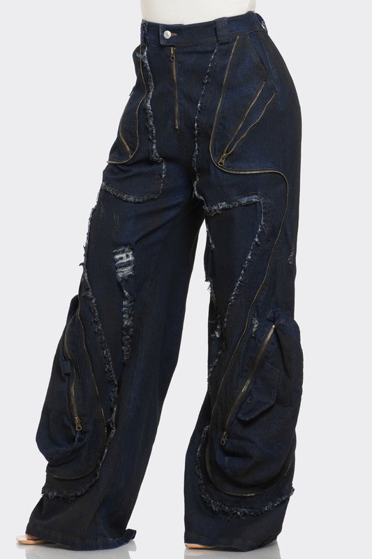 Men's Distressed Indigo Cargo Jeans with Zippers